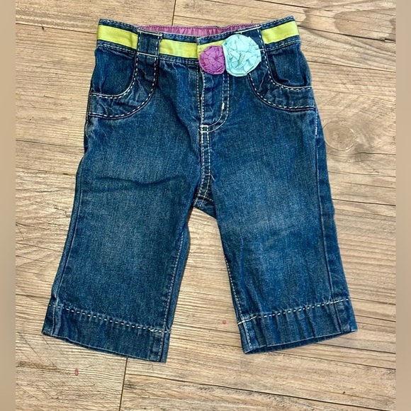 OshKosh Genuine Baby Soft Blue Jeans Girls 6 Months Snap Fly Pink Accents - Picture 1 of 4